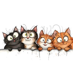 May include: A watercolour illustration featuring four cartoon cats with exaggerated expressions. The cats, in black, brown tabby, and orange, are peering over a white surface. The image has a whimsical style, suitable for cat enthusiasts.