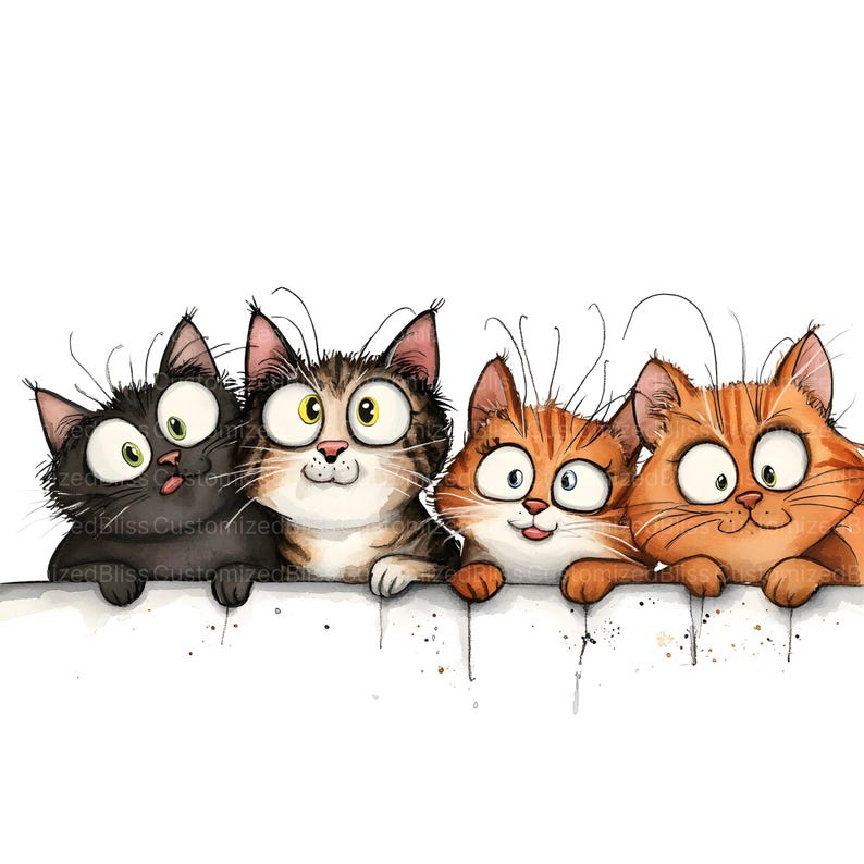 May include: A watercolour illustration featuring four cartoon cats with exaggerated expressions. The cats, in black, brown tabby, and orange, are peering over a white surface. The image has a whimsical style, suitable for cat enthusiasts.