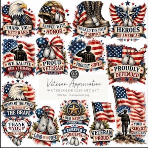May include: A digital collection of watercolor clip art featuring patriotic American themes, including bald eagles, military helmets, combat boots, dog tags, soldiers saluting, and American flags with text like Thank You Veterans and Proudly Defended.