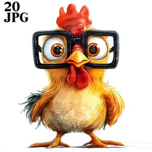 20 imágenes prediseñadas de pollo, pollo divertido con gafas, gallo, archivos JPG de alta calidad, imágenes prediseñadas de acuarela, diario basura, descarga digital, manualidades de papel