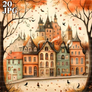 Image clipart ville automne lunatique, 20 fichiers JPG de haute qualité, clipart aquarelle, journal indésirable, scrapbooking, fabrication de cartes, téléchargement numérique, fantaisie