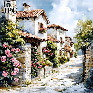Old Village in Cyprus begroeid met bloemen clipartbundel, 15 hoge kwaliteit aquarel jpg's, junk Journal, plakboek, digitale download