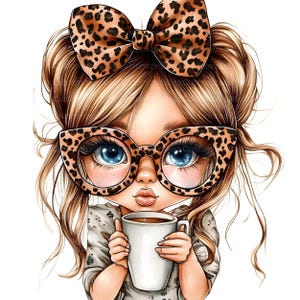 May include: A cartoon illustration of a girl with blonde hair wearing leopard print glasses and a leopard print bow. She is holding a white mug with a brown liquid inside.