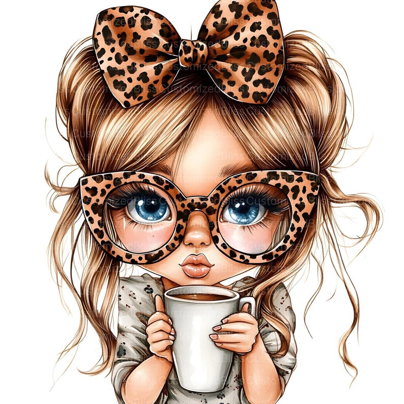 May include: A cartoon illustration of a girl with blonde hair wearing leopard print glasses and a leopard print bow. She is holding a white mug with a brown liquid inside.