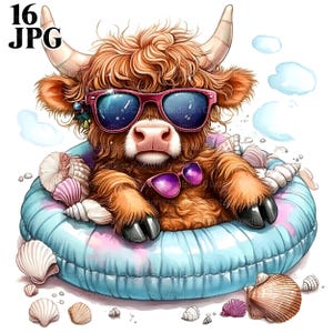 Puede incluir: Ilustración en acuarela de una vaca de las Tierras Altas con gafas de sol, relajándose en una boya azul. La vaca está rodeada de conchas marinas y tiene un segundo par de gafas de sol. El tema es veraniego.