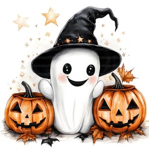 May include: A watercolor illustration of a friendly ghost wearing a black witch hat, flanked by two carved orange pumpkins. The ghost has rosy cheeks and a smiling face. Gold stars and autumn leaves complete the Halloween theme.