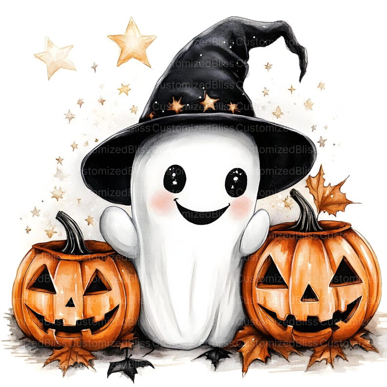 May include: A watercolor illustration of a friendly ghost wearing a black witch hat, flanked by two carved orange pumpkins. The ghost has rosy cheeks and a smiling face. Gold stars and autumn leaves complete the Halloween theme.