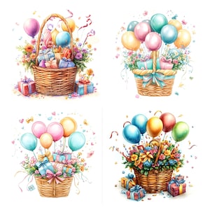 Puede incluir: Cuatro cestas de mimbre llenas de regalos y flores coloridos est&aacute;n decoradas con globos. Las cestas est&aacute;n dispuestas en una cuadr&iacute;cula sobre un fondo blanco.