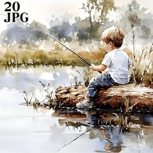 20 Clipart pêche enfant, garçon avec canne à pêche des cliparts, JPG de haute qualité, des cliparts aquarelle, Junk Journal, téléchargement numérique, créations en papier