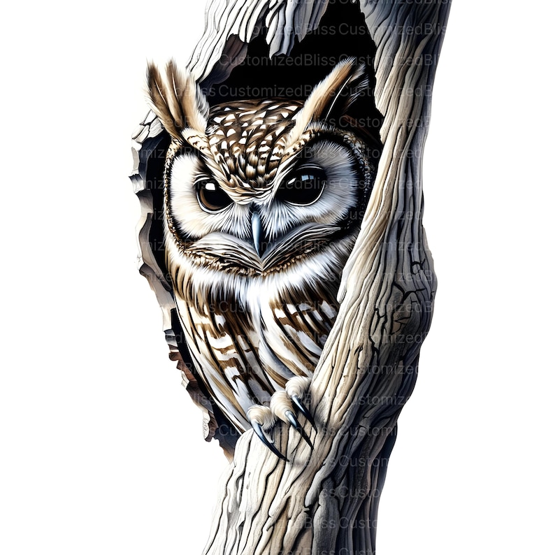 May include: A brown and white owl with large, dark eyes peeks out from a tree trunk. The owl's feathers are detailed and realistic, and its sharp talons are visible.