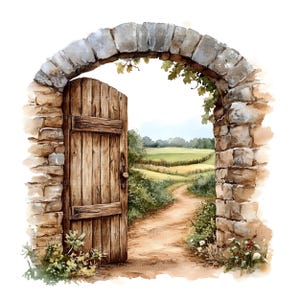 May include: A watercolour painting of a stone archway with a wooden door that is open, revealing a dirt path leading into a field of green grass.