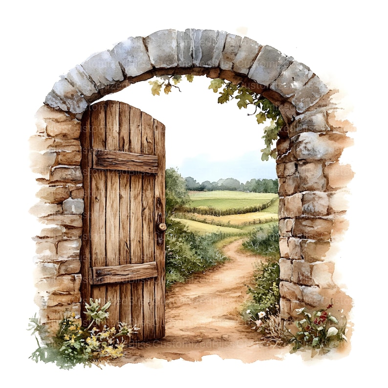 May include: A watercolour painting of a stone archway with a wooden door that is open, revealing a dirt path leading into a field of green grass.
