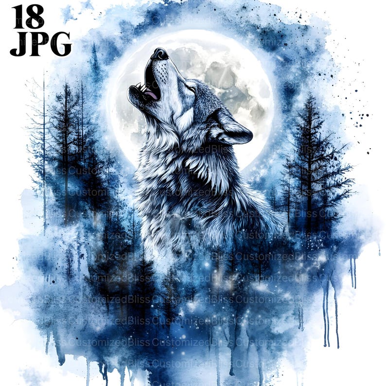 May include: A watercolor painting of a wolf howling at the moon in a blue and white forest. The wolf is in the foreground and the moon is in the background. The forest is made up of tall, thin trees.