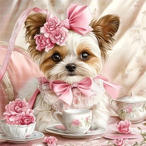 May include: A small, white and brown dog wearing a pink bow and a lace collar sits at a table with a teacup and saucer. The dog is surrounded by pink roses and a pink ribbon.