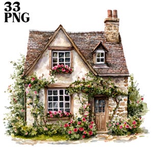 Può includere: Un dipinto ad acquerello di un incantevole cottage con una facciata in pietra e un tetto di paglia. Il cottage è circondato da una vegetazione lussureggiante e da rampicanti con fiori rosa. Le finestre sono incorniciate da cornici bianche e la porta è in legno marrone caldo.