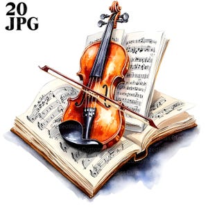 20 violon avec des notes de musique des cliparts, des cliparts violon vintage, JPG de haute qualité, des cliparts aquarelle, Junk Journal, créations en papier téléchargement numérique