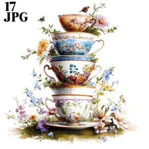 Pilha de xícaras de chá vintage clipart, clipart de chá, hora do chá, 17 JPG de alta qualidade, clipart de aquarela, download digital de diário de lixo, papel artesanal