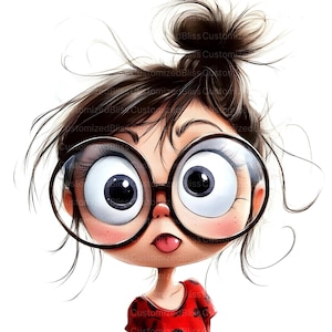 May include: A cartoon illustration of a girl with large, round glasses and a messy bun. She has big eyes, rosy cheeks, and her tongue is sticking out. She is wearing a red shirt with black dots.