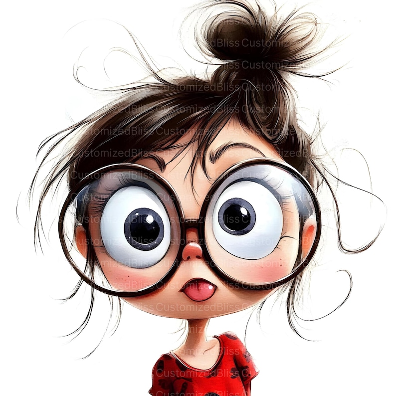 May include: A cartoon illustration of a girl with large, round glasses and a messy bun. She has big eyes, rosy cheeks, and her tongue is sticking out. She is wearing a red shirt with black dots.