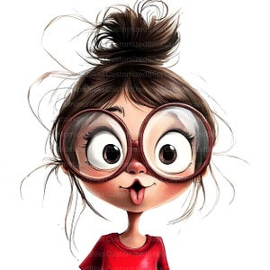 May include: A cartoon illustration of a girl with brown hair in a messy bun, wearing large, round, red-rimmed glasses. She has a red top and her tongue is sticking out. The image has a white background.