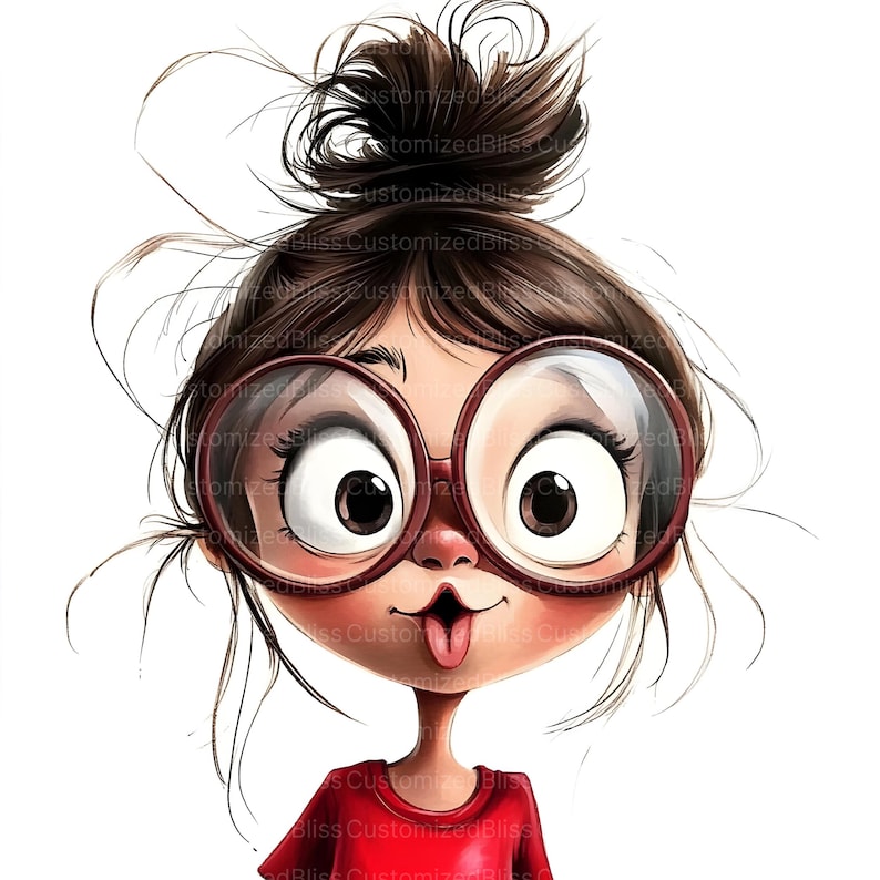 May include: A cartoon illustration of a girl with brown hair in a messy bun, wearing large, round, red-rimmed glasses. She has a red top and her tongue is sticking out. The image has a white background.