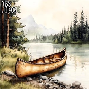 18 Clipart di canoa vintage, Clipart di canoa nel lago, JPG di alta qualità, Clipart di acquerelli, Diario di spazzatura, Download digitale, Artigianato di carta, Clip art