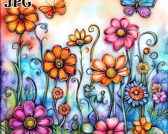 16 Whimsical Flowers Clipart, Wildflowers Clipart, High Quality JPGs, Watercolor Clipart, Junk Journal, Digital Download, Paper Craft