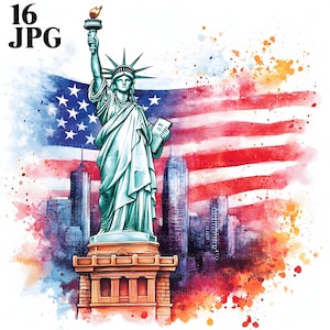 16 Clipart de Estátua da Liberdade em aquarela, Clipart patriótico, Bandeira americana, Marcos dos EUA, JPGs de alta qualidade, Download digital, Diário de lixo
