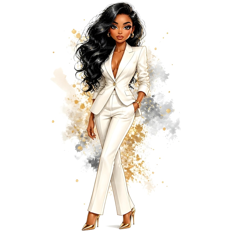 May include: Illustration of a woman in a white pantsuit with gold high heels. The jacket is buttoned at the waist, and the pants are flared. The woman has long, flowing black hair and gold jewelry. The background features gold and gray paint splatters.