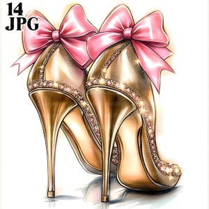 14 imágenes prediseñadas de tacones altos rosas y dorados, imágenes prediseñadas de zapatos de mujer, archivos JPG de alta calidad, imágenes prediseñadas de acuarela, diario basura, descarga digital, manualidades de papel