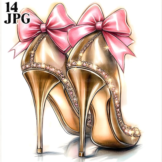 14 Pink and Gold High Heels Clipart, Womens Shoe Clipart, High Quality JPGs, Watercolor Clipart, Junk Journal, Digital Download, Paper Craft