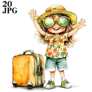 20 Kind Reisenden Clipart, Urlaub Clipart, hochwertige JPGs, Aquarell Clipart, Junk Journal, digitaler Download, Papierwesen, Printable