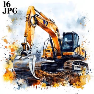 16 Escavadeira Clipart, Escavadeira Aquarela, Veículo de Construção, JPG de Alta Qualidade, Clipart Aquarela, Diário de Lixo, Artesanato para Download Digital