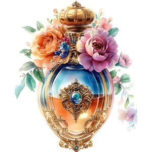 May include: A vintage-style glass perfume bottle with a gold ornate design and a blue gemstone stopper. The bottle is surrounded by a bouquet of pink, orange, and white flowers.