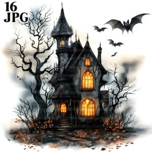 16 Cute Haunted House Clipart, Halloween Mansion, Spooky House, Creepy Home, Junk Journal, Digital Download, Paper Craft, Watercolor JPGs