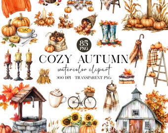 May include: Watercolor clipart set featuring cozy autumn elements. Includes pumpkins, a sweater, candles, a squirrel, apples, a well, a barn, and the text "COZY AUTUMN watercolor clipart". The image has 85 PNG files.