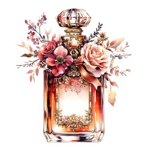 May include: A vintage-style glass perfume bottle with a gold stopper and ornate details. The bottle is decorated with pink and red flowers and a gold ribbon.