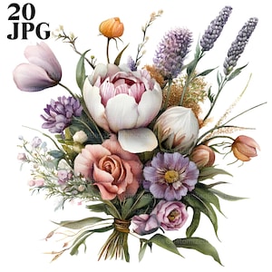 Bouquet of Flowers Clipart, 20 High Quality JPGs, Bouquet Clipart, Botanical Clipart, Digital Download, Card Making, Journaling, Paper Craft