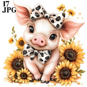 17 Clipart di maiali, Clipart di maialini, Clipart di fiocchi con stampe animalier, Clipart di girasoli, JPG di alta qualità, Junk Journal, Download digitale, Carta artigianale