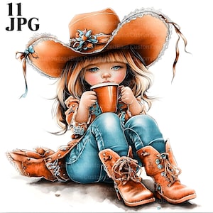 Cowgirl Clipart, süßes Mädchen in Cowboy-Hut mit Kaffee, Western Clipart, hochwertige JPGs, Aquarell Clipart, Junk Journal, digitaler Download