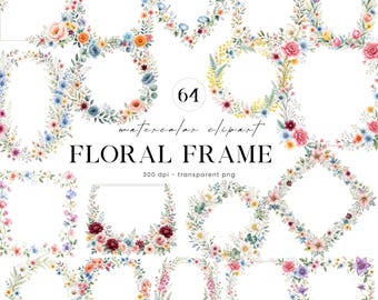 Floral Frame Clipart, Botanical Frame Clipart, Floral Border PNG, Watercolor Flower Border Graphics, Botanical Wedding Frame Rectangle Frame