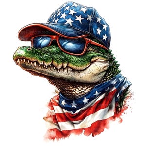 May include: A green alligator wearing a blue and red baseball cap with white stars, sunglasses, and a red, white, and blue bandana. The bandana is tied around the alligator's neck and has white stars on it.