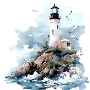 May include: A watercolor painting of a white lighthouse on a rocky cliff with seagulls flying overhead. The lighthouse has a black roof and a small window. The rocks are brown and gray, and the water is blue and white.