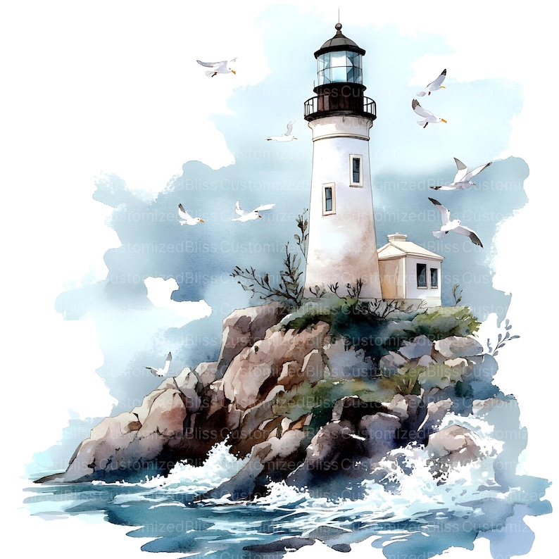 May include: A watercolor painting of a white lighthouse on a rocky cliff with seagulls flying overhead. The lighthouse has a black roof and a small window. The rocks are brown and gray, and the water is blue and white.