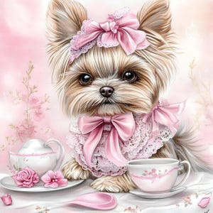 May include: A small Yorkshire Terrier dog wearing a pink lace collar with a large pink bow, sitting at a table with a teacup and teapot. The dog has a pink bow in its hair.
