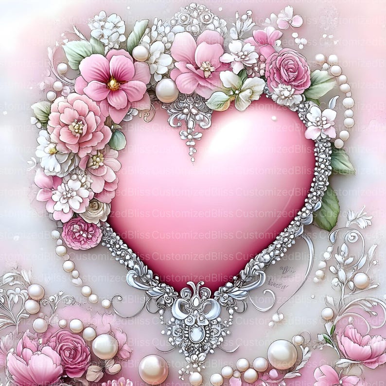 May include: A pink heart with a silver ornate frame surrounded by pink and white flowers and pearls.
