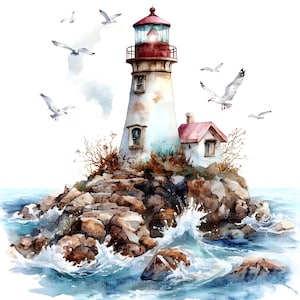 May include: A watercolor painting of a white lighthouse with a red roof, standing on a rocky island with crashing waves. Seagulls fly overhead against a white background.