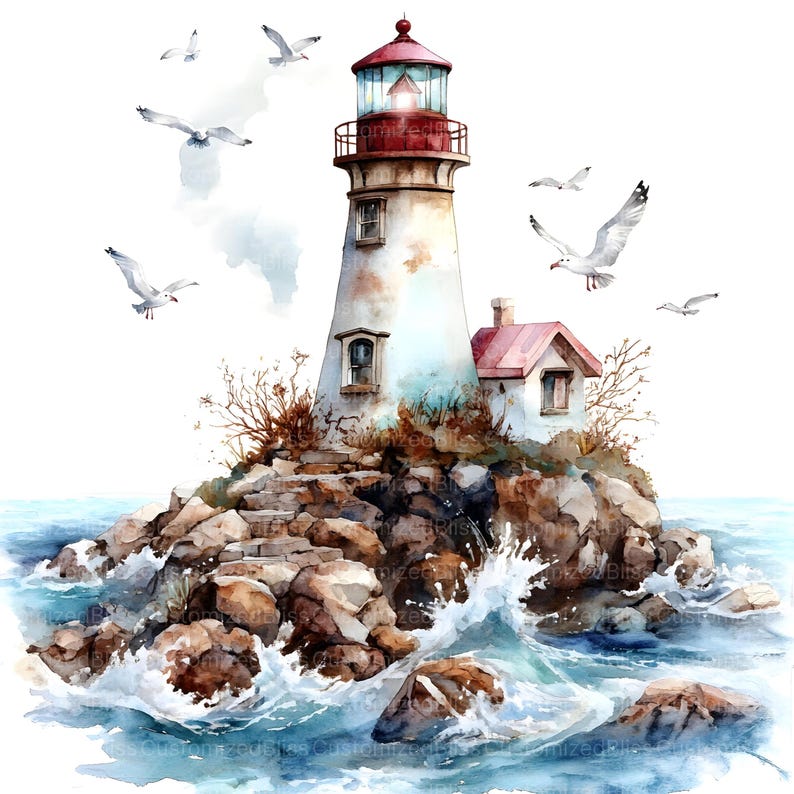 May include: A watercolor painting of a white lighthouse with a red roof, standing on a rocky island with crashing waves. Seagulls fly overhead against a white background.