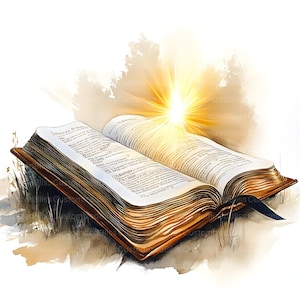 Peut inclure: Un livre antique ouvert avec des pages jaunies et une couverture en cuir. Le livre est illumin&eacute; par une lumi&egrave;re dor&eacute;e brillante, sugg&eacute;rant un th&egrave;me spirituel ou religieux.