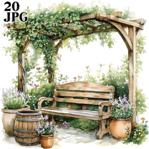 20 Garten Pergola Clipart, Garten Clipart, Sommer Clipart, hochwertige JPG, Aquarell Clipart, Junk Journal, digitaler Download, Papierwesen